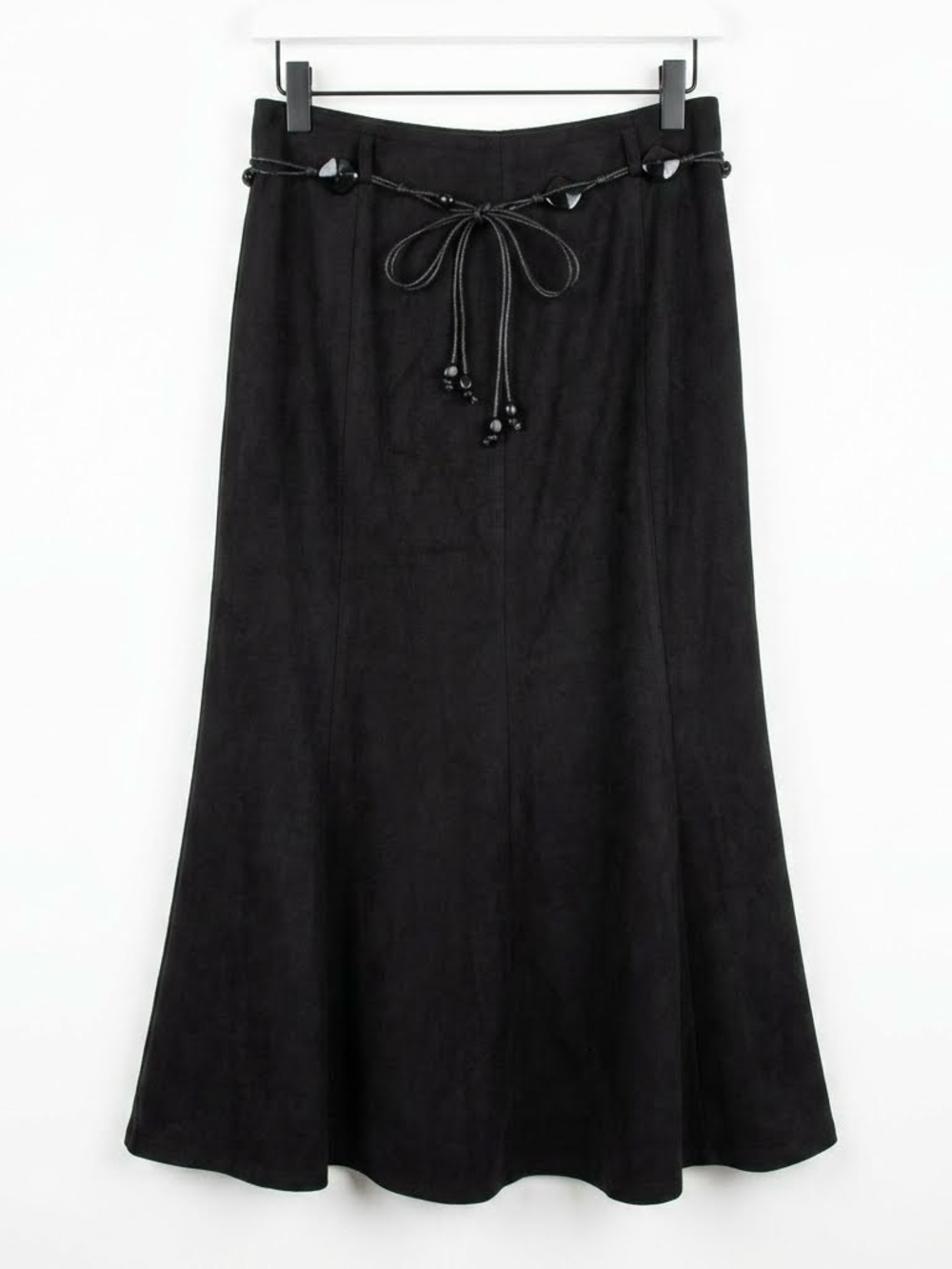 Womens Black Faux Suede Flowy Midi Skirt Beaded Belt Boho Chic Elegant Size 6